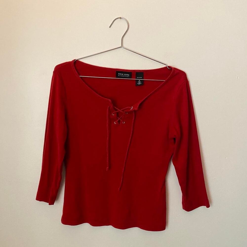 Vintage Red Cotton Quarter Sleeve Top Women's Medium Y2K